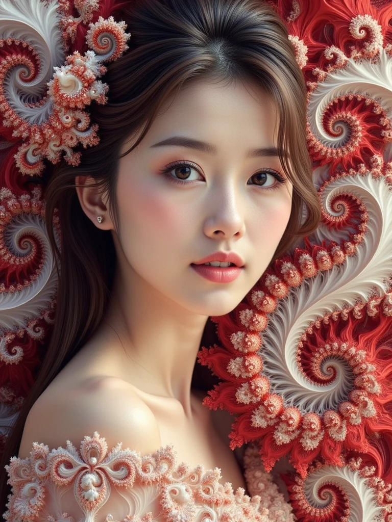 An Asian supermodel beauty made of fractal art,the background is fractal art,