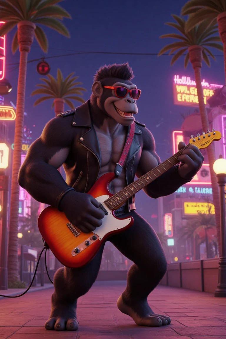 "Looney Tunes-style, 3D animated model, muscular anthropomorphic gorilla, male, adult, wearing sunglasses and a leather jacket, playing an electric guitar on the streets of Hollywood, exaggerated rockstar expression, vibrant neon reflections, Pixar-like fur rendering, stylized palm trees and Walk of Fame stars in the background
