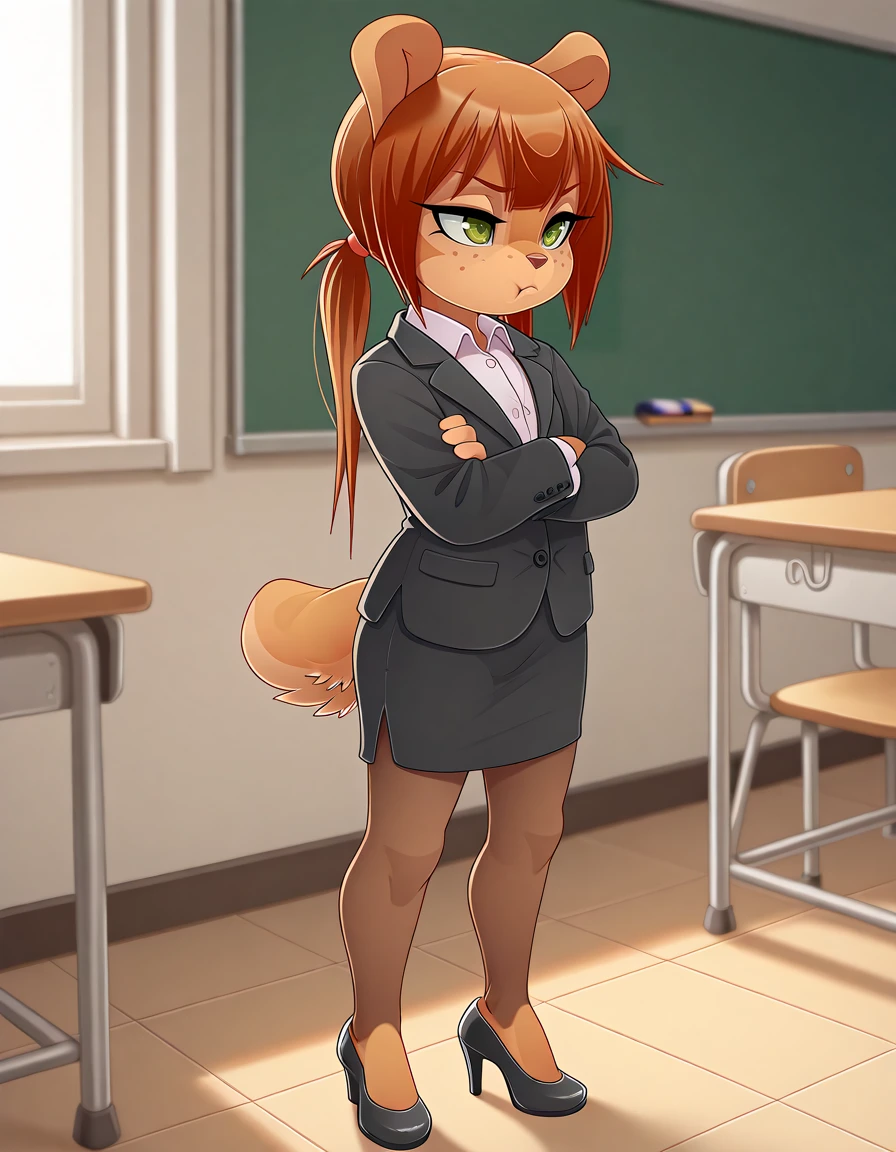 masterpiece, best quality,
indoors,classroom,
full body,long eyelashes, office lady,pantyhose,pout, crossed arms, high heels,
<lora:Rocketgirl_v01_ILXL:1>,
Rocketgirl, 1girl, solo, animal ears, furry female, tail, brown hair, long hair, green eyes, bangs,freckles, brown fur,full body, sidelocks, twintails, two-tone fur,