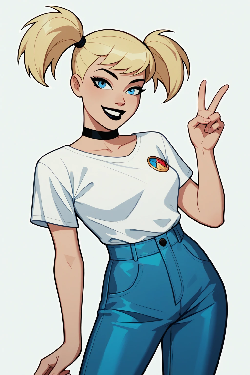 score_9, score_8_up, score_7_up,masterpiece, best quality, amazing quality, best aesthetic, ,absurdres,intricate details,Harleybtas,1girl,solo,twintails,short hair,blonde hair,blue eyes,choker,black lips,medium breast,white shirt,smile,blue pants,peace sign