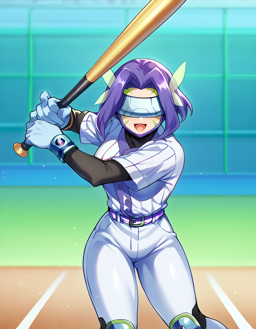 score_9, score_8_up, score_7_up, source_anime, <lora:fairimon-ponyxl-lora-nochekaiser:1>, fairimon, facial mark, purple hair, short hair, visor (armor), hair ornament, covered eyes, large breasts,, <lora:batting-stance-ponyxl-lora-nochekaiser:1>, batting stance, looking at viewer, smile, open mouth, baseball bat, holding baseball bat, <lora:baseball-uniform-ponyxl-lora-nochekaiser:1> baseball uniform, baseball, striped belt, shirt under shirt, sportswear, ribbed shirt, baseball helmet, baseball bat, baseball jersey, baseball field,,