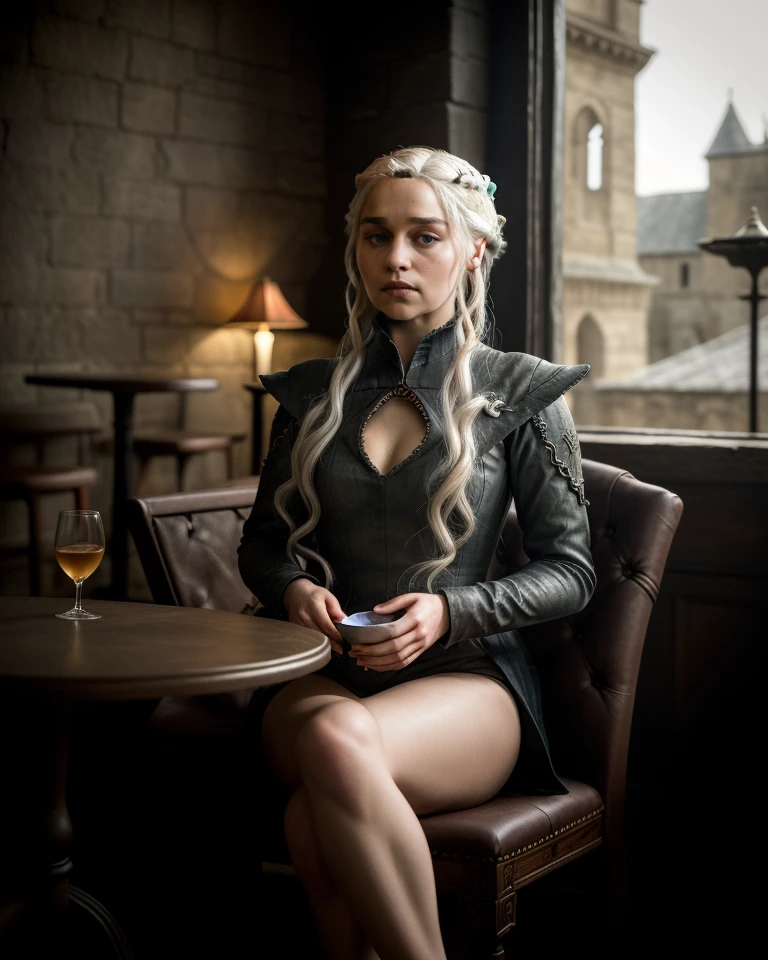 gothic style masterpiece, high score, great score, absurdres, 1girl, <lora:GOTemiliaClarkeQuiron_v07i02e15t05nr77na77ada_Lora:1> gotemiliaclarkeQuiron,  a dark background. Spotlight illumination. Seated at a quaint café, she sips tea while elegantly crossing one leg over the other,  . dark, mysterious, haunting, dramatic, ornate, detailed
