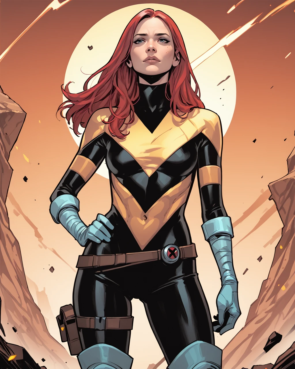 score_9, score_8_up, score_7_up, score_6_up, masterpiece, best quality, <lora:Hope_Summers_-_MarvelX-Men_Pony:1> hopesummers, long hair, red hair, bodysuit, gloves , zPDXL3, zPDXLxxx, one hand on hip, thigh strap, knee boots,