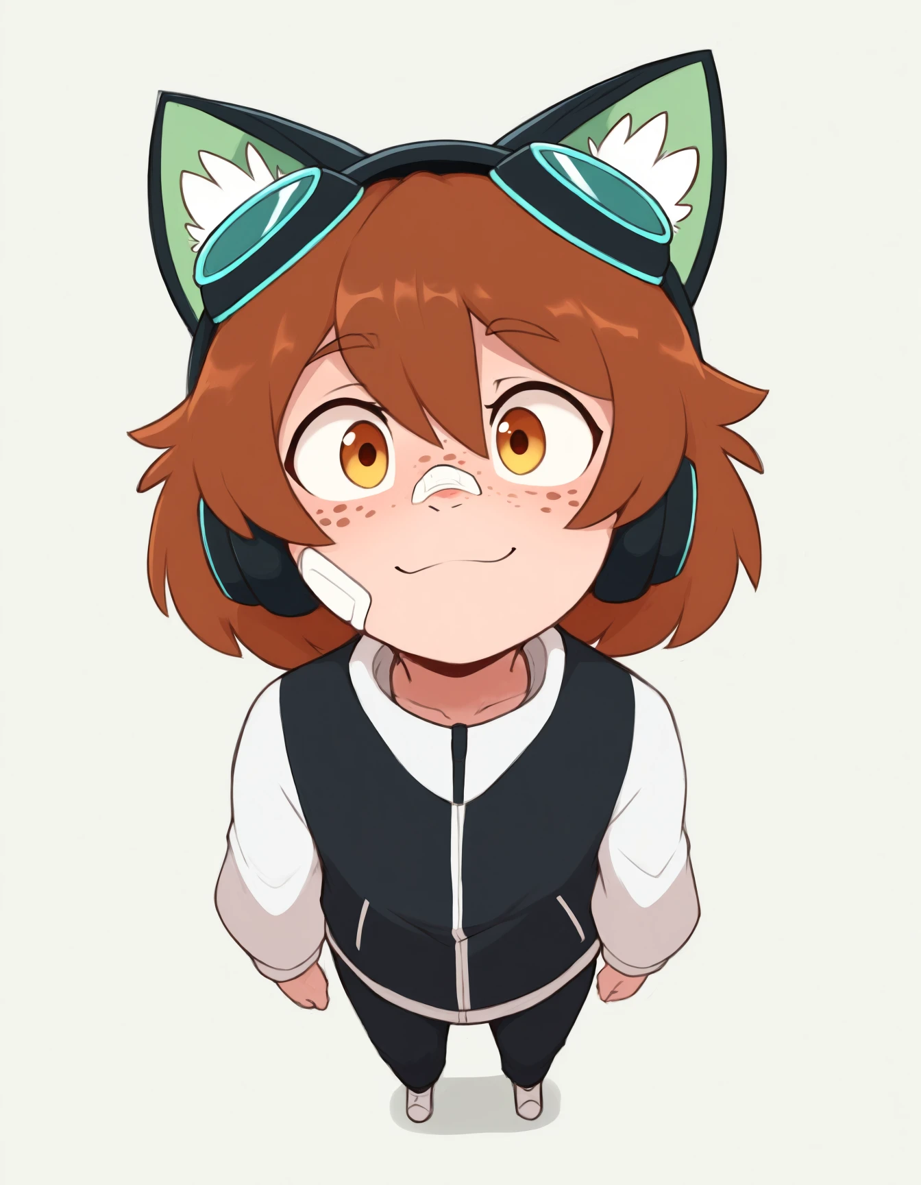 simple_background, white_background, head only, headshot, 1boy, male focus, 
solo, looking at viewer, smile, short hair, animal ears, hair between eyes, closed mouth, jacket, cat ears, brown hair, animal ear fluff, amber eyes, headphones, portrait, goggles, bandaid, freckles, goggles on head, bandaid on face, bandaid on nose, young, small, short, otoko no ko, femboy, androgynous, grey background, head tilt, yellow eyes, fake animal ears, cat ear headphones, bandaid on cheek, simple background, long sleeves, animal ear headphones, white jacket,
exhausted, , singing, Still Life Perspective shot, from above, full body, young small, young man. The background is a simple grey, which helps to focus attention on the subject. His eyes are yellow and he has freckles across his nose. The image captures a moment of introspection or exhaustion for the character, highlighting their unique features and the artist's detailed style., solo, mecha, humanoid robot, retroanimu, solo, science fiction, traditional_media, huflv, embedding:IllusP0s, masterpiece, best quality, amazing quality, very aesthetic, absurdres,  newest, <lora:HuffsLove:0.9>