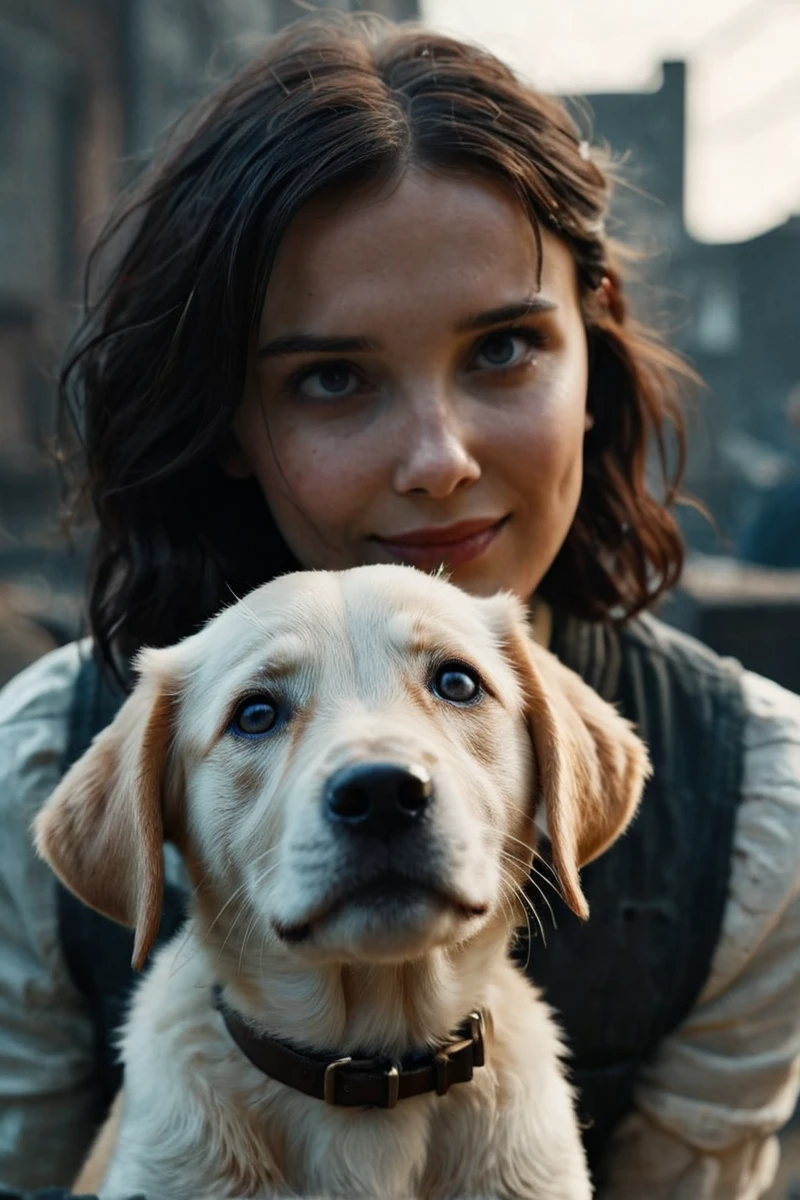 <lora:Millie_Bobby_Brown_SDXL_101:0.9> milliebb101, 1girl portrait 1950 in love with a puppy cinematic photo looking at viewer happy expression, , finely detailed eyes, epic scene, epic composition, Photography, Cinematic Lighting, Volumetric Lighting, ethereal light, intricate details, extremely detailed volumetric rays 35mm photograph, film, bokeh, professional, 4k, highly detailed . Appetizing, professional, culinary, high-resolution, commercial, highly detailed . Bleak, post-apocalyptic, somber, dramatic, highly detailed