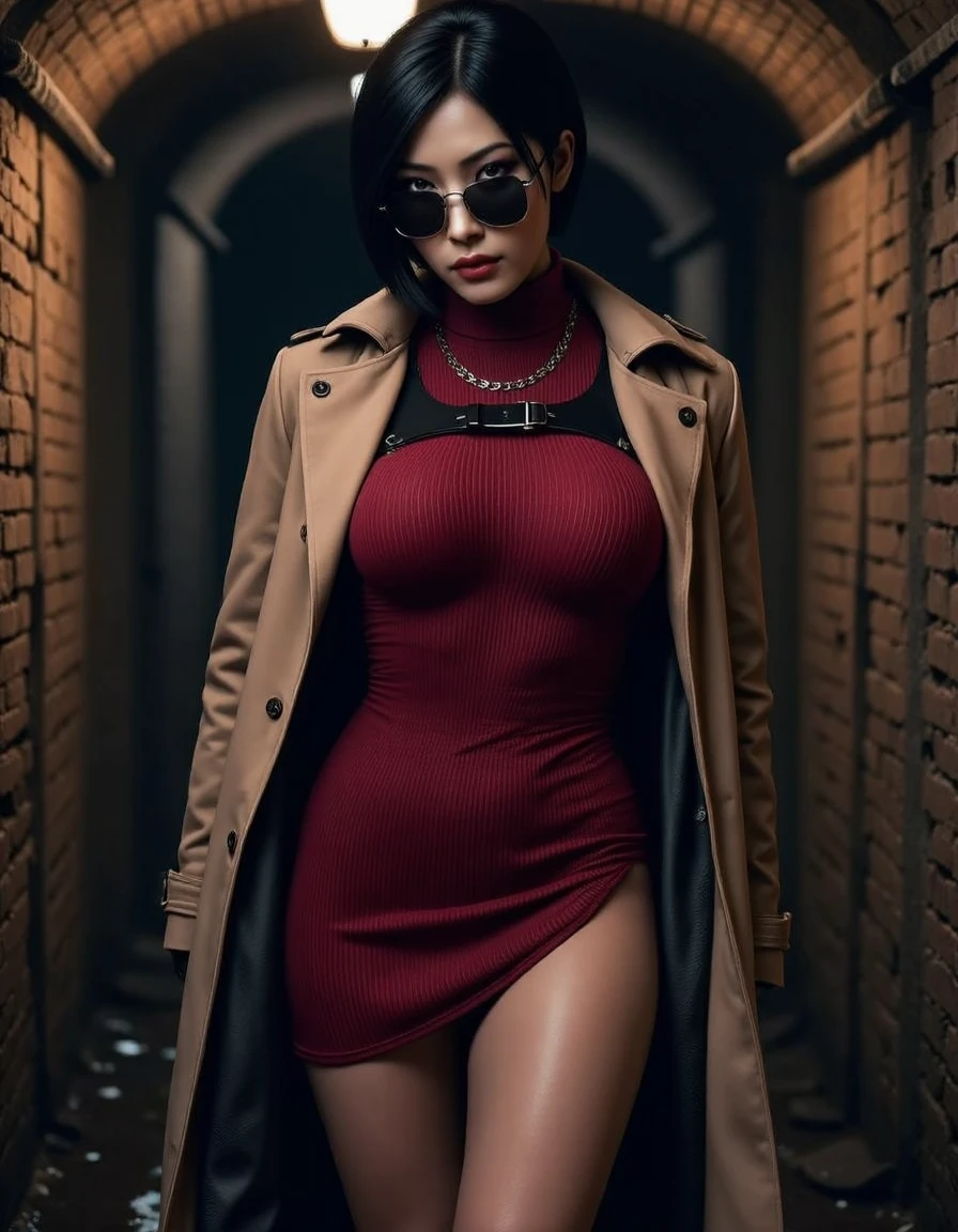 a beautiful female <lora:ada-wong-v1:1>, She wears a form-fitting, dark red knitted dress, with a harness across her chest, large breasts, Asian, black high heels and a simple necklace. open tanned trench coat, black sunglasses, Her hair is styled in a sleek bob, and she wears minimal makeup. background a dirty dark sewer, damp walls, wet, Captured with a Sony A7R IV camera and a 50mm f/1.2 G Master lens, skin details, highly detailed, spy dynamic pose, cinematic, sense of danger, horror,