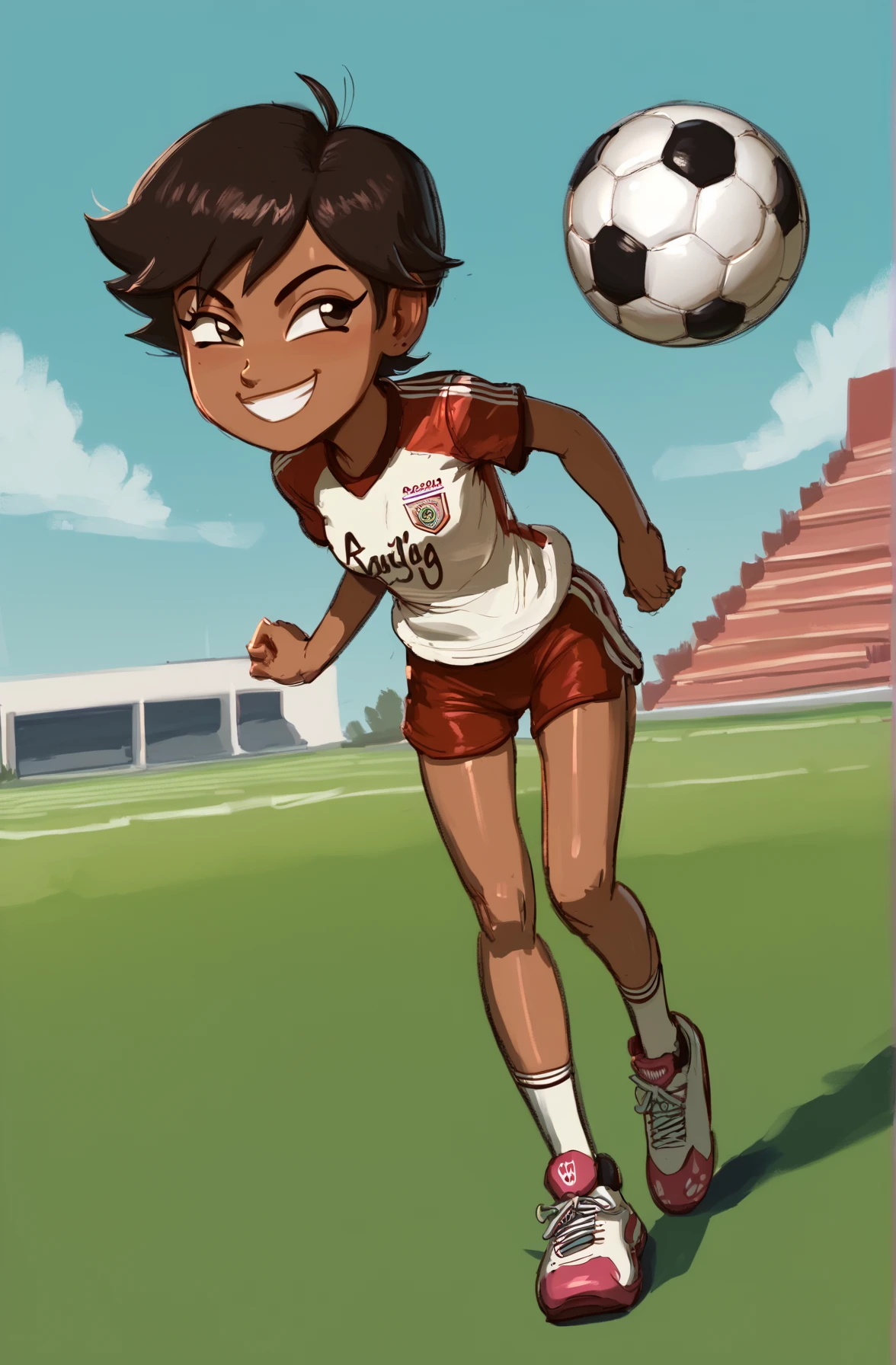 masterpiece, high quality, score_9, score_8_up, 1girl, smiling, full body, playing soccer, soccer jersey, soccer field, shorts tomboy, pears style, brown skin, cute, petite, (short) ,, <lora:HandFixer_pdxl_Incrs_v1:0.5>,<lora:ALTXL_pony_0061_8:1>,<lora:Pears_style:0.88>,<lora:Pony_QualityV4.0:1>,<lora:absurdres_quality:1>,<lora:pony_masterpiece_best_quality:1>