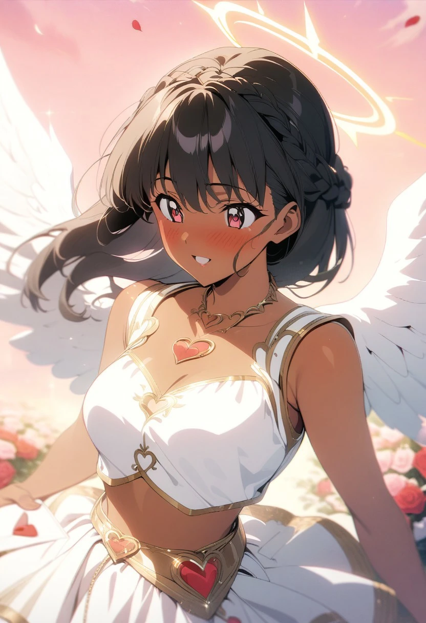 gorgeous lips, cinematic, (masterpiece), (best quality), (ultra-detailed), very aesthetic, illustration, perfect composition, intricate details, absurdres, detailed face, (anime, masterpiece, intricate:1.3), (best quality, hires textures, high detail:1.2)
1990s (style), retro artstyle, 1girl, a anime girl with very long black hair, crown braid, half updo, medium breasts, tan skin, brown skin, golden angel halo, gold bangles, gold heart waist chain, heart shaped neckline, white silk sleeveless crop top, high waisted short white silk skirt, midriff, gold trim dress, ((large:1.2) white angel wings:1.4), cinematic lighting, pink sky, flowers, cupid, happy, blush, hair blowing in the breeze, skirt blowing in the breeze, film grain, hearts, valentines theme, red hearts, heart shaped arrows, falling rose petals, portrait shot, love letter, eye level