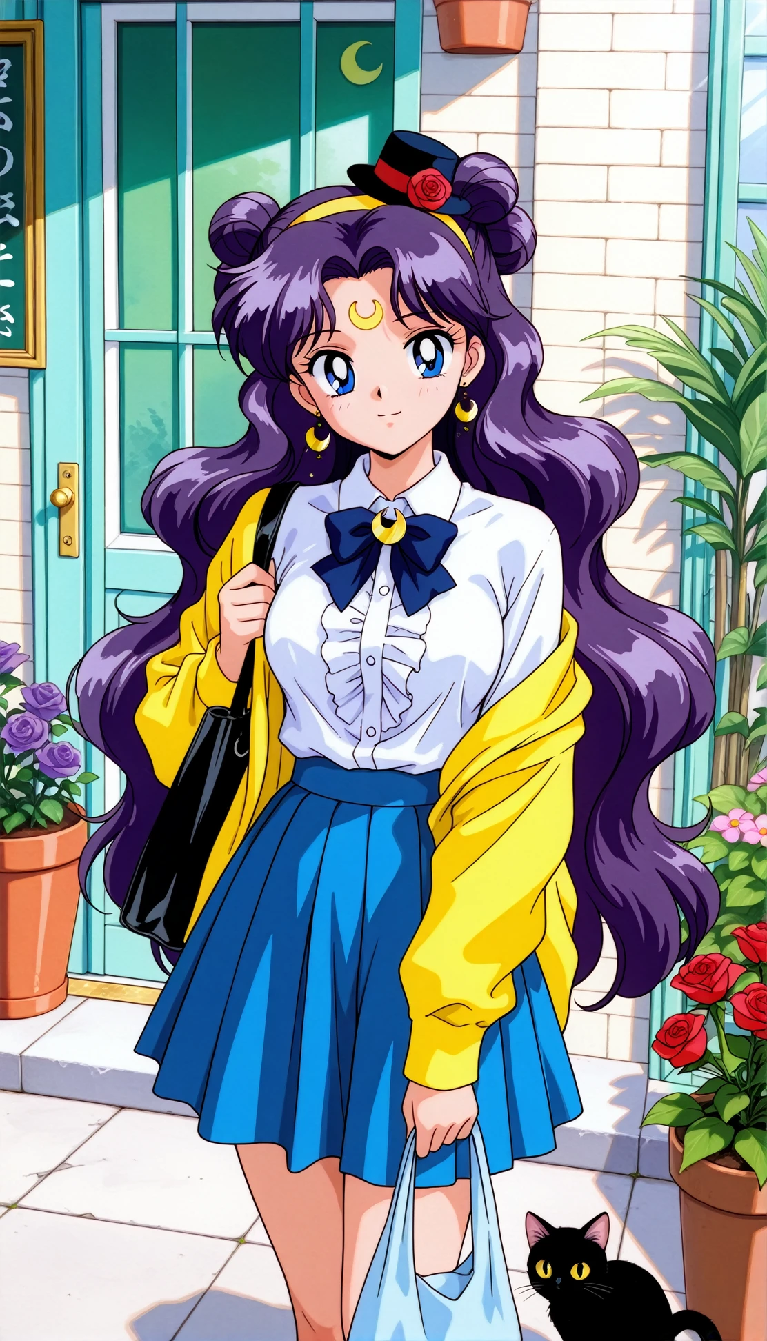 masterpiece,best quality,amazing quality,lunaill,1990s (style),1girl,long hair,solo,crescent facial mark,crescent,facial mark,blue eyes,hair bun,very long hair,purple hair,double bun,parted bangs,cat,skirt,shirt,flower,plant,black cat,hat,potted plant,blue skirt,mini hat,white shirt,collared shirt,off shoulder,long sleeves,jacket,door,bow,pleated skirt,breasts,ribbon,outdoors,hairband,sign,standing,smile,frills,bag,red flower,holding,open clothes,looking at viewer,day,purple flower,closed mouth,sunlight,flower pot,open door,storefront,window,rose,<lora:lunaill:0.8>,