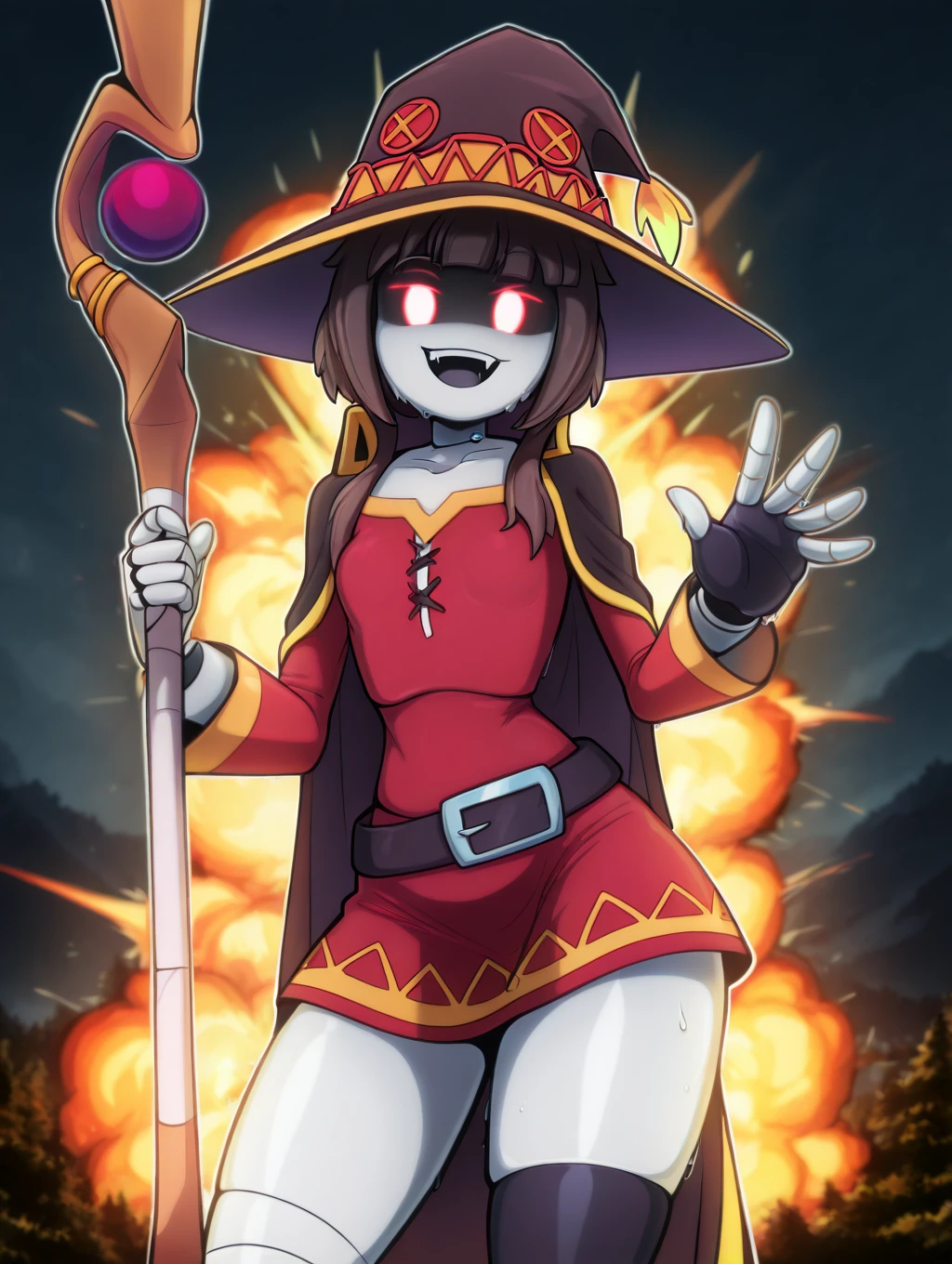 p vs.z\(Zob\), solo,hu tao (genshin impact), hat, red eyes, twintails, brown hair, solo, symbol-shaped pupils, long hair,bangs, official outfit , shorts , china dress,open mouth,fangs,sharp focus,(upper body:1.2)