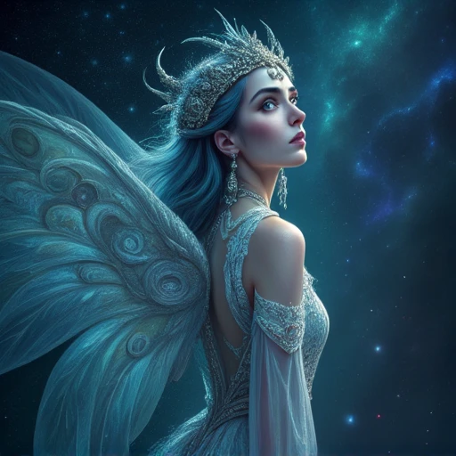 Djinn empress, celestial beauty, iridescent gossamer gown, starlit eyes, flowing ethereal hair, crown of silver mist, glowing runes on skin, cosmic jewelry, swirling nebula background, radiant aura, floating crystals, translucent wings, delicate features, serene expression, otherworldly elegance, majestic pose, intricate details, ethereal light, 8k resolution, photorealistic, masterpiece, vibrant colors, soft focus, mystical atmosphere >