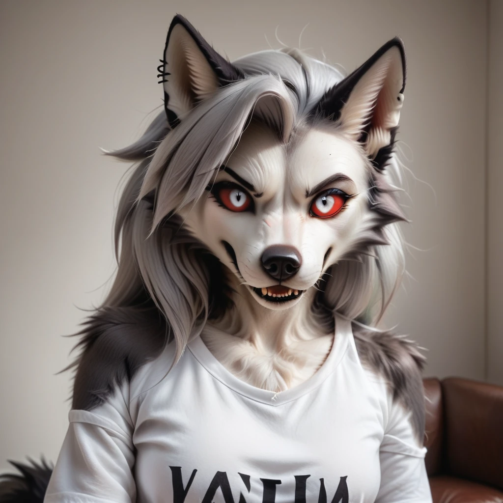 loona, furry, anthro, tail, wolf girl, animal nose, wolf tail, furry, two-tone fur, gray fur, absurd res, sharp focus, detailed skin, detailed hair, extremely detailed, ultra 8k quality, Hyperrealistic, photorealistic, realistic, ultrarealistic, high definition, detailed fur, highres, super high resolution, 8k, high definition eyes, detailed eyes, high gradient eyes, red sclera, white iris, white eyes, sharp focus, sharp details, medium breasts, canine teeth, long hair, bangs,