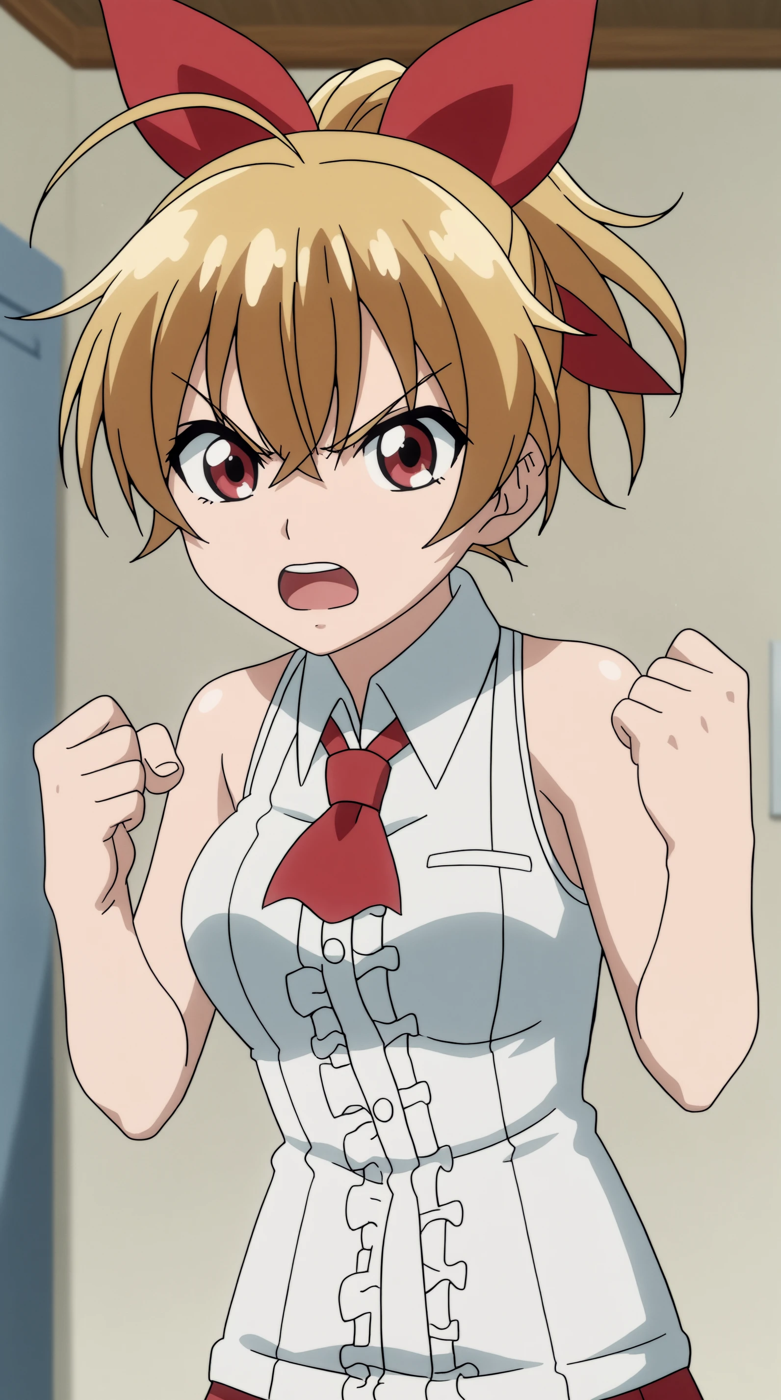 Anime girl with blonde hair and red tie in a room - SeaArt AI