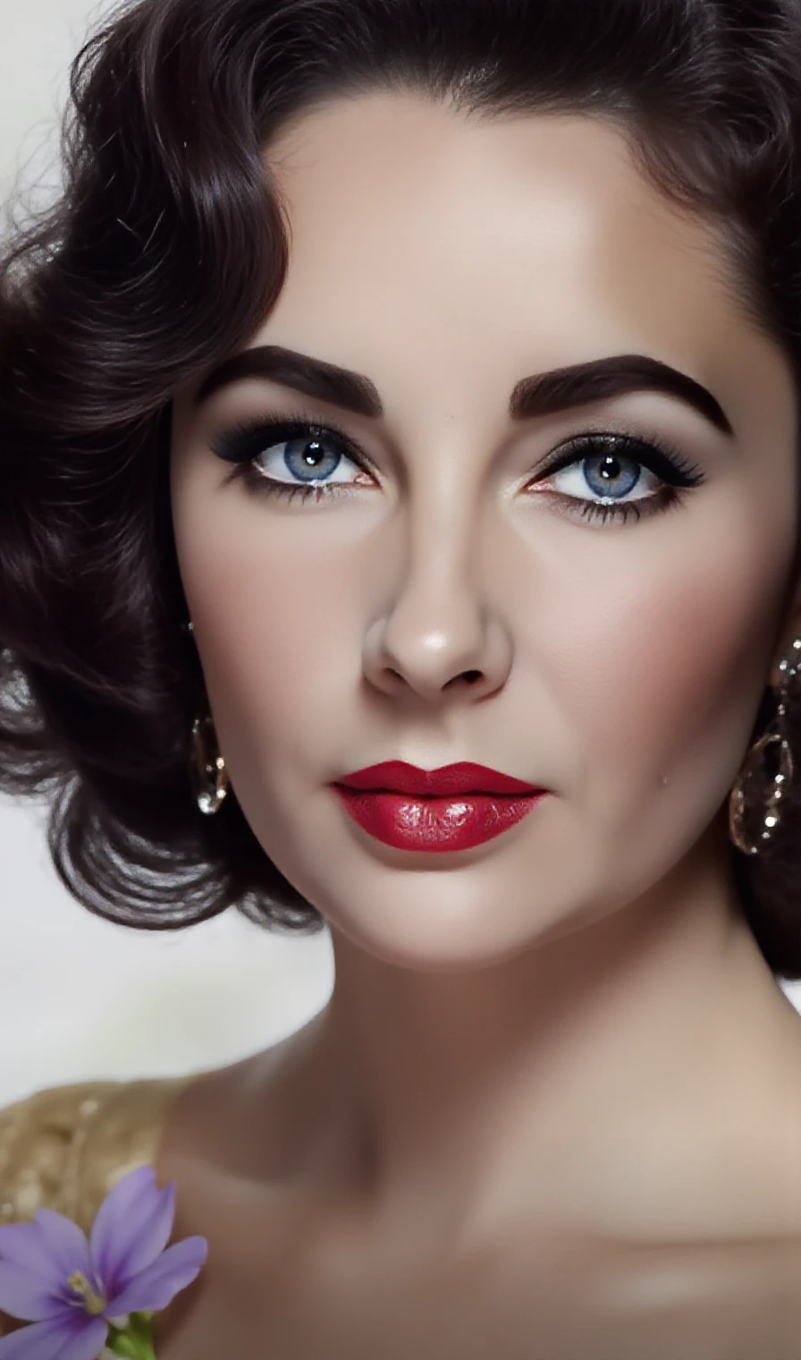 elizabethtaylor violet eyes, smiling broadly, close-up profile, high neckline,  