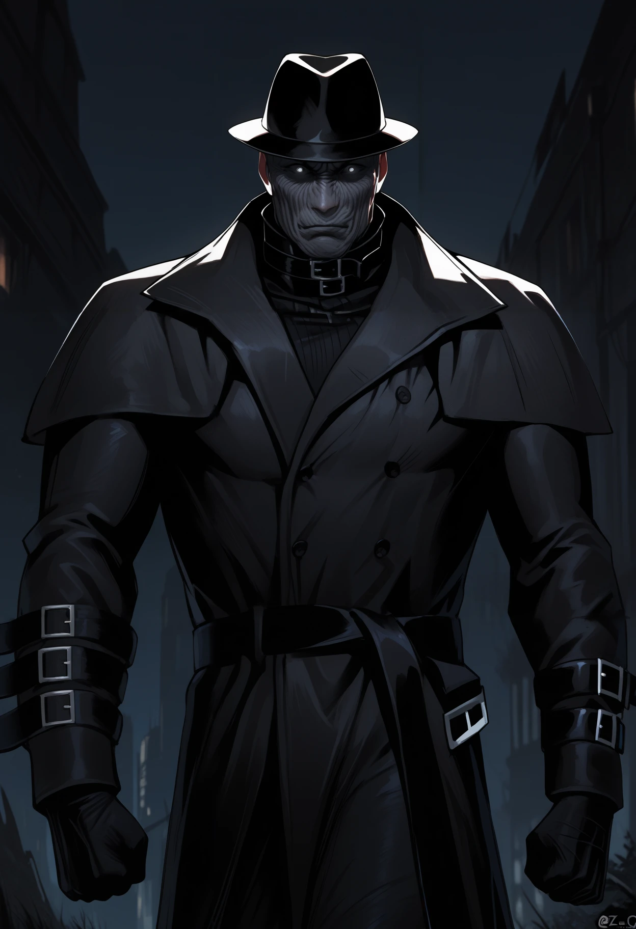 masterpiece, best quality, newest, hdr, dark, night, outdoors, closed mouth, 1boy, solo, xg0g1ty, grey eyes, grey skin, bald, wrinkled skin, black fedora, belt collar, black coat, long coat, buttons, black shirt, arm belt, black gloves, black belt, black pants, leg belt, black footwear, clenched hands, cowboy shot,
<lora:Mr. x Illustrious:1>