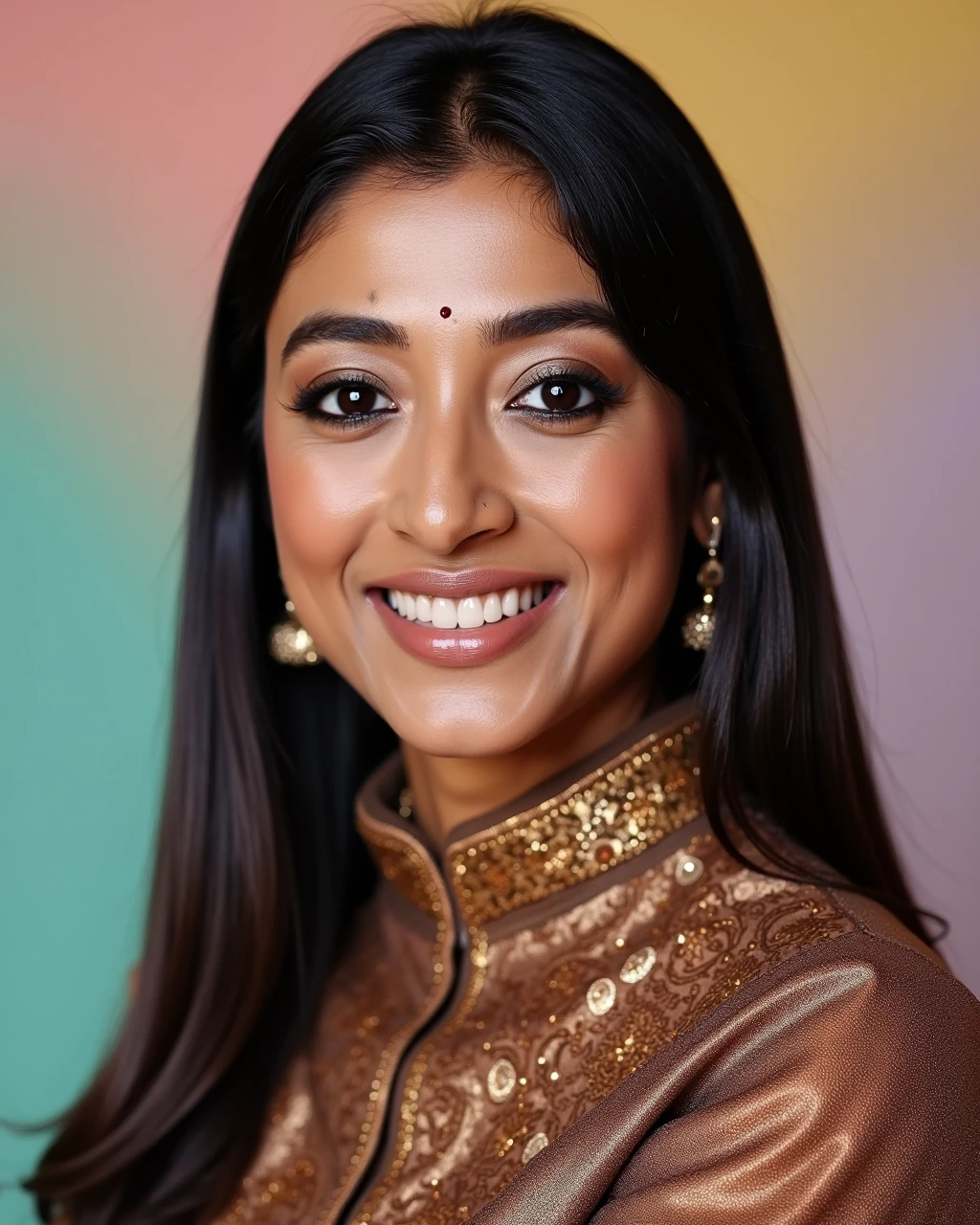 headshot photo of Paoli Dam woman,candid photo with natural colors, smiling expression on face,studio quality, wearing intricate elegant conservative turtleneck Brown Kashmiri Pashmina Suit, straight hair, pastel shaded multicolored background, cinematic soft lighting<lora:TestBed\Paoli_Dam_Flux_Kohya_V1b-000004.safetensors:0.8:0.8>