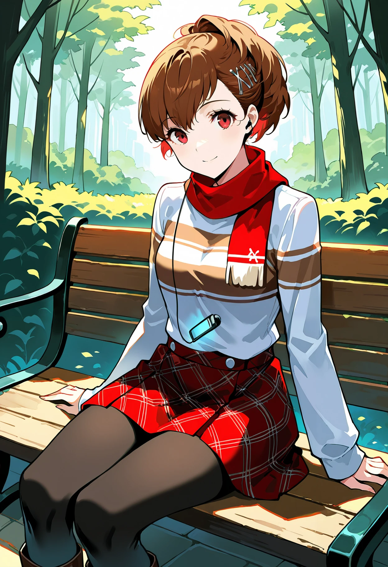 (masterwork, masterpiece, best quality, hyper-detailed :1.1),
1 girl, solo,
p3kotone, ponytail, shiomi kotone, brown hair, short hair, hair ornament, hairclip, headphones, digital media player
p3kotone-wincas, scarf, red scarf, shirt, long sleeves, stripe shirt, skirt, plaid skirt, black pantyhose, pantyhose, boots
outdoors, park, greenery, looking at viewer, smile, sitting, bench,