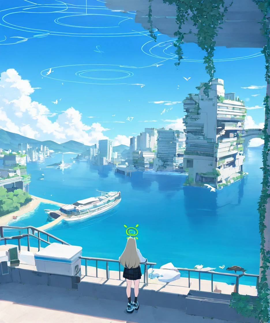 1girl,nonomi \(blue archive\),post-apocalypse,ivy,beach, bird, blue sky, boat, bridge, building, city, cloud, cloudy sky, day, facing away, from behind, horizon, lake, mountain, mountainous horizon, ocean, outdoors, railing, river, road, scenery,,masterpiece, best quality, very aesthetic, absurdres, <lora:Submerged ruins-NAI:0.8>,