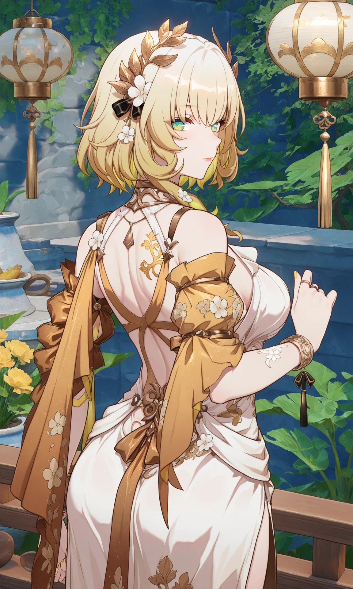 1girl,solo,
<lora:aglaea20:1>,tj_aglaea,none pupil,green eyes,pure eyes,mature,golden flower ornament,wristband,golden tattoo,
red dress,looking at viewer,bare shoulders,looking back,floral print,chinese clothes,breasts,from behind,red lips,china dress,
sexy posture,
(kinhasu:0.52),(momoko_(momopoco):0.52),(yoshinari_you:0.52),
masterpiece,best quality,absurdres,newest,very aesthetic,Dynamic Angle,Sexy posture,ultra-high resolution,32K UHD,sharp focus,unconventional supreme masterpiece,masterful details,with a high-end texture,(Visual impact:1.2),dynamic and visually striking appearance,offcial art,colorful,<lora:noobaiXLNAIXL_epsilonPred11Version-lora:0.1>,