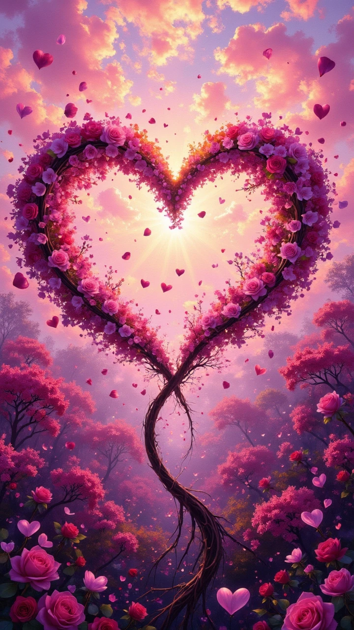 landscape of a vibrant canvas filled with intricate designs and colors depicts the beauty of love, affection, and passion. The artwork is painted in shades of pink, purple, and gold, with swirling patterns that seem to dance and twist in harmony. aidmaLOVEboost