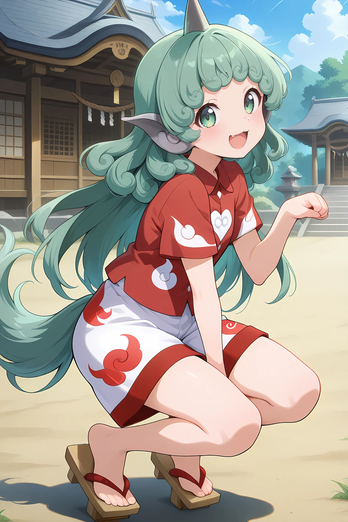 absurdres, highres, masterpiece, best quality, amazing quality, official anime artwork, screencap, anime screencap, outdoors, looking at viewer, open mouth, smile,
<lora:Aunn-Komano_Illustrious:1> komano aunn, 1girl, solo, green eyes, green hair, curly hair, komainu ears, long hair, single horn, tail,, red shirt, red shorts, cloud print, geta,
hakurei shrine, paw pose,