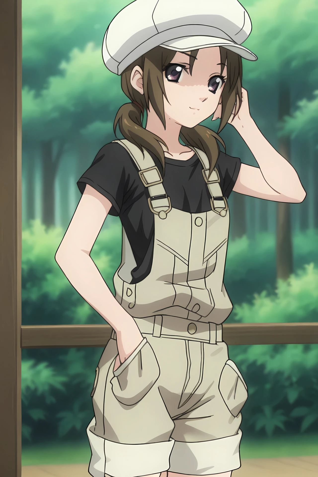 (short overalls black shirt:1.50), cpc-ichika, brown hair, short hair, low twintails, parted bangs, purple eyes,
1girl, solo, skinny, (source_anime, score_9, score_8_up, score_8, score_7_up), score_7, score_6_up, score_6, score_5_up, score_5,
(lewd:1.40),
(0.1:outdoors forest:1.10),
(straight-on:1.40), (feet:1.10),
cabbie hat,
medium breasts
<lora:cpc-ichika-V02-000004:0.90>