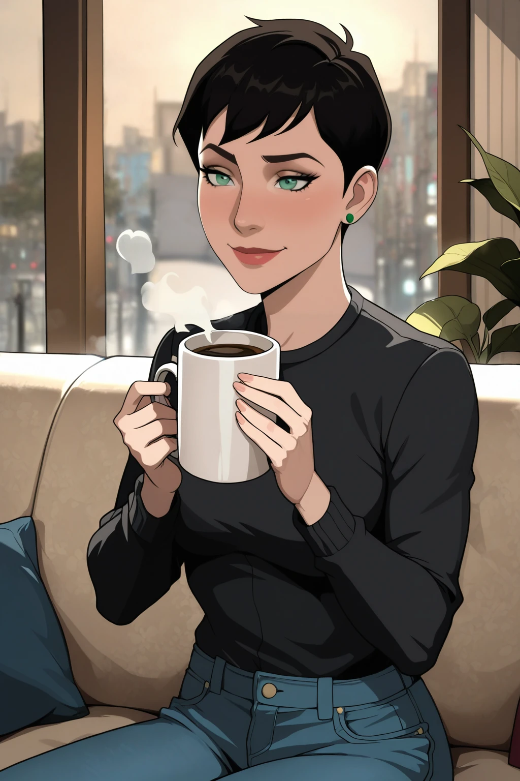 masterpiece, good quality, best quality, very awa, very as2, absurdres, highres , realistic, cute girl
<lora:Catwoman from Batman HushilluLoRA:1>ctwmnhsh, short hair, earrings, sweater. jeans, sitting on a couch, holding a mug of coffee, steam, smile. evening
