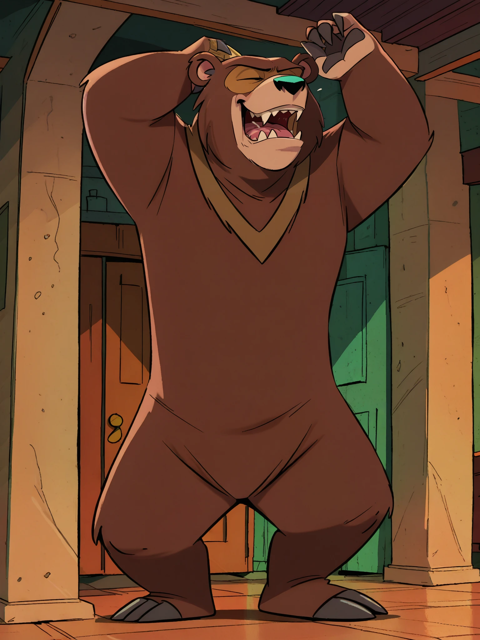 <lora:jmoz_pony:1> jmoz, score_9, score_8_up, score_7_up, score_6_up,
<lora:Bear_-_Simsala_Grimm_-_Snow_White_and_Rose_Red:0.8> bear-simgrim, bear, solo, anthro, sharp teeth, dancing