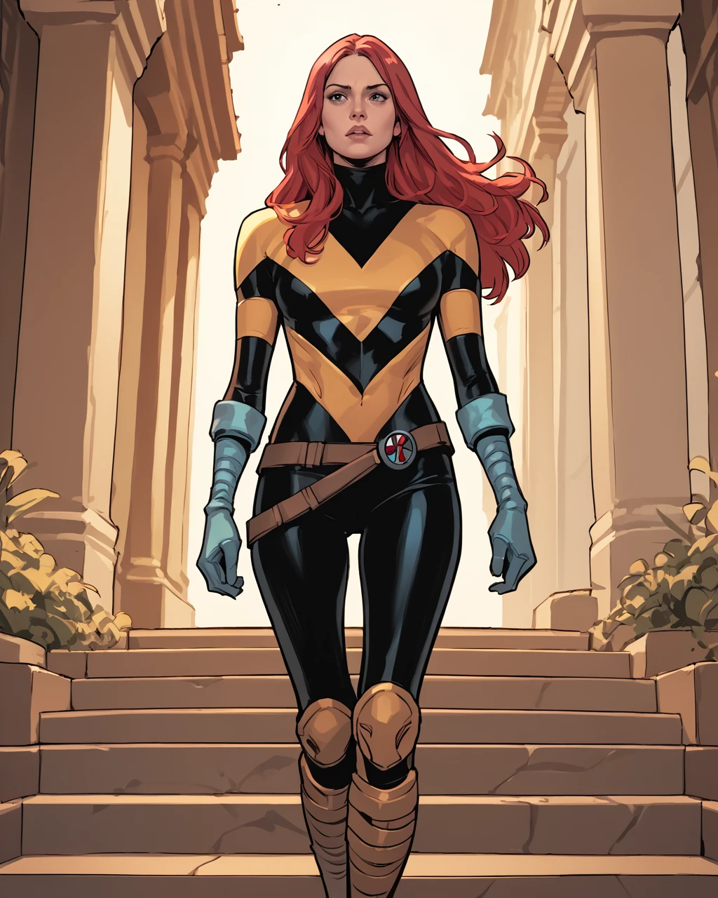 score_9, score_8_up, score_7_up, score_6_up, masterpiece, best quality, <lora:Hope_Summers_-_MarvelX-Men_Pony:1> hopesummers, long hair, red hair, bodysuit, belt, gloves , zPDXL3, zPDXLxxx, walking, stairs, knee boots, cowboy shot,