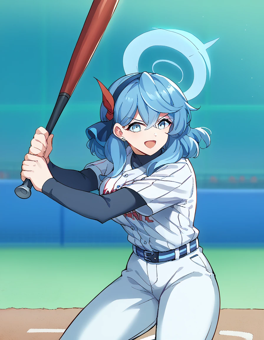 score_9, score_8_up, score_7_up, source_anime, <lora:ako-amau-ponyxl-lora-nochekaiser:1>, ako, blue eyes, blue hair, hair between eyes, halo, medium hair, sidelocks, mature female, large breasts, <lora:batting-stance-ponyxl-lora-nochekaiser:1>, batting stance, looking at viewer, smile, open mouth, baseball bat, holding baseball bat, <lora:baseball-uniform-ponyxl-lora-nochekaiser:1> baseball uniform, baseball, striped belt, shirt under shirt, sportswear, ribbed shirt, baseball helmet, baseball bat, baseball jersey, baseball field,,