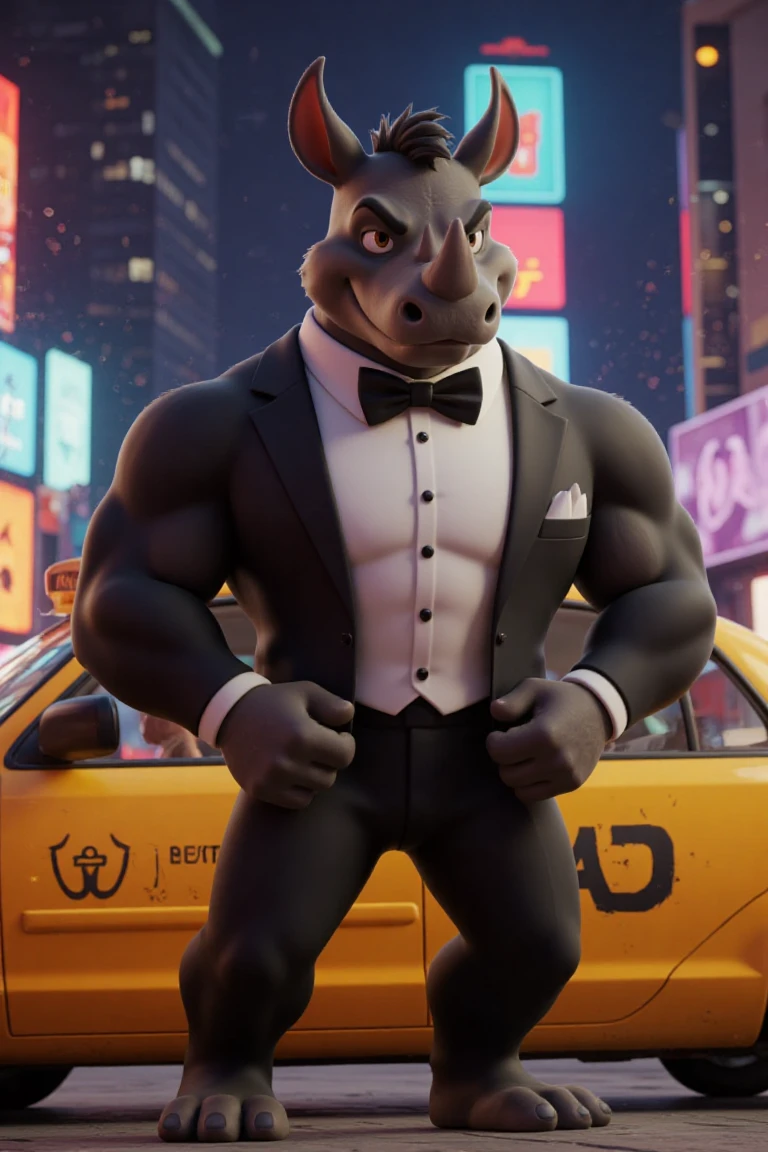 "Looney Tunes-style, 3D animated model, muscular anthropomorphic rhinoceros, male, adult, wearing a tiny tuxedo that barely fits, standing in Times Square, struggling to squeeze into a yellow taxi, exaggerated expressions, Pixar-like fur and skin texture, bright neon reflections, stylized city background."