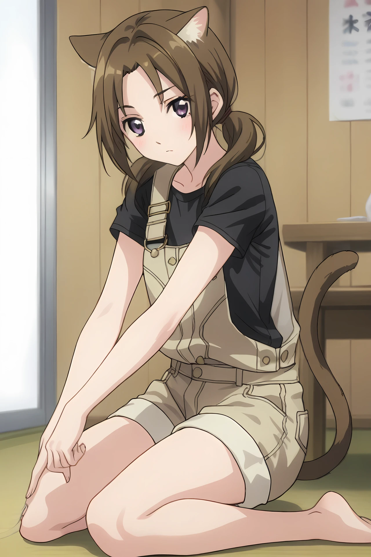 (short overalls black shirt:1.50), cpc-ichika, brown hair, short hair, low twintails, parted bangs, purple eyes,
1girl, solo, skinny, (source_anime, score_9, score_8_up, score_8, score_7_up), score_7, score_6_up, score_6, score_5_up, score_5,
(blush:1.10),
(indoors:1.10),
(full body:1.40), (feet:1.20),
cat ears cat tail,
medium breasts
<lora:cpc-ichika-V02-000003:0.80>