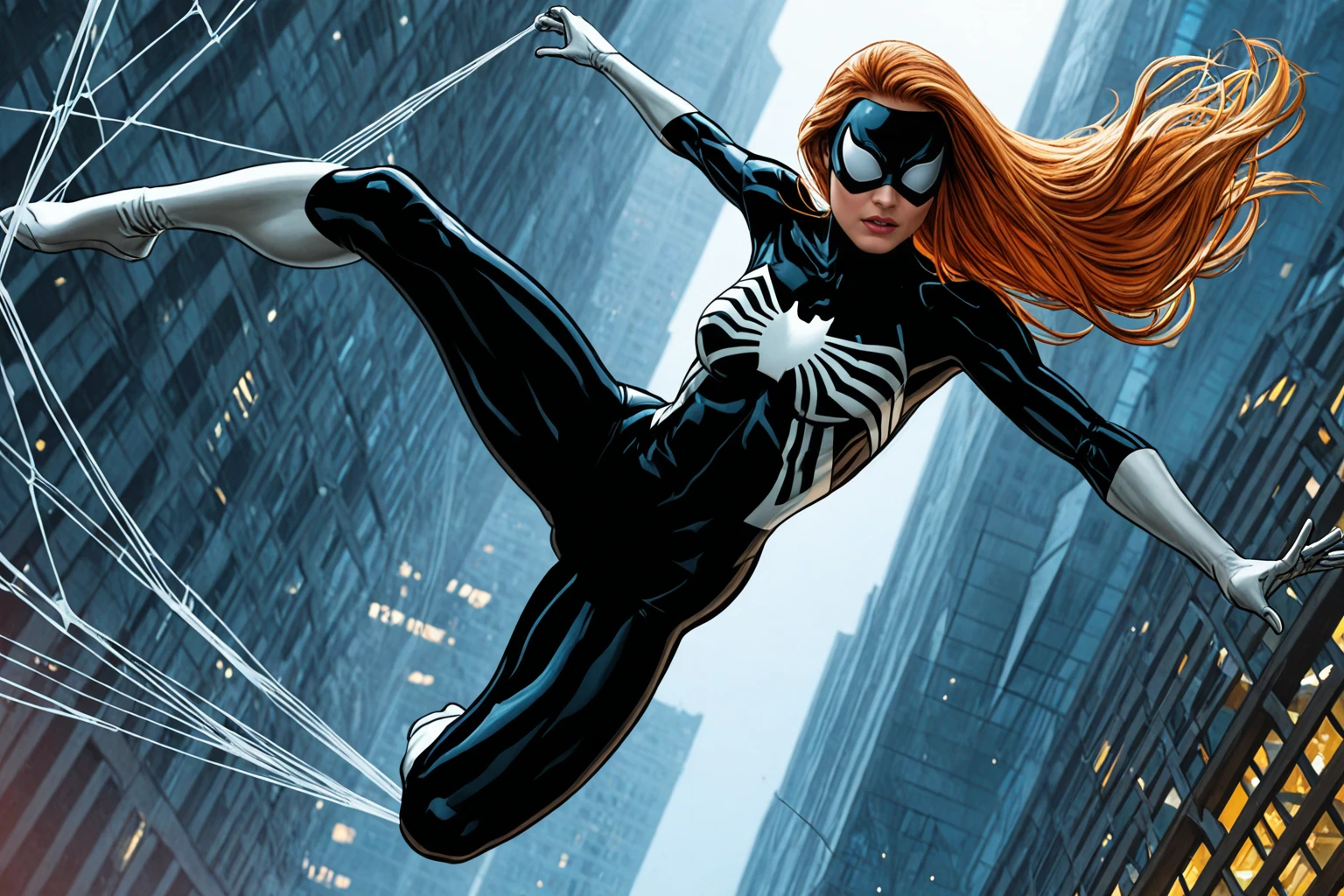 masterpiece, good quality, best quality, very awa, very as2, absurdres, highres, realistic
<lora:Spider WomanilluLoRA:1>spderwman, long hair, bodysuit, skin tight, mask, floting midair, jumping from a building at night, from side, dynamic pose, silk, spiderweb