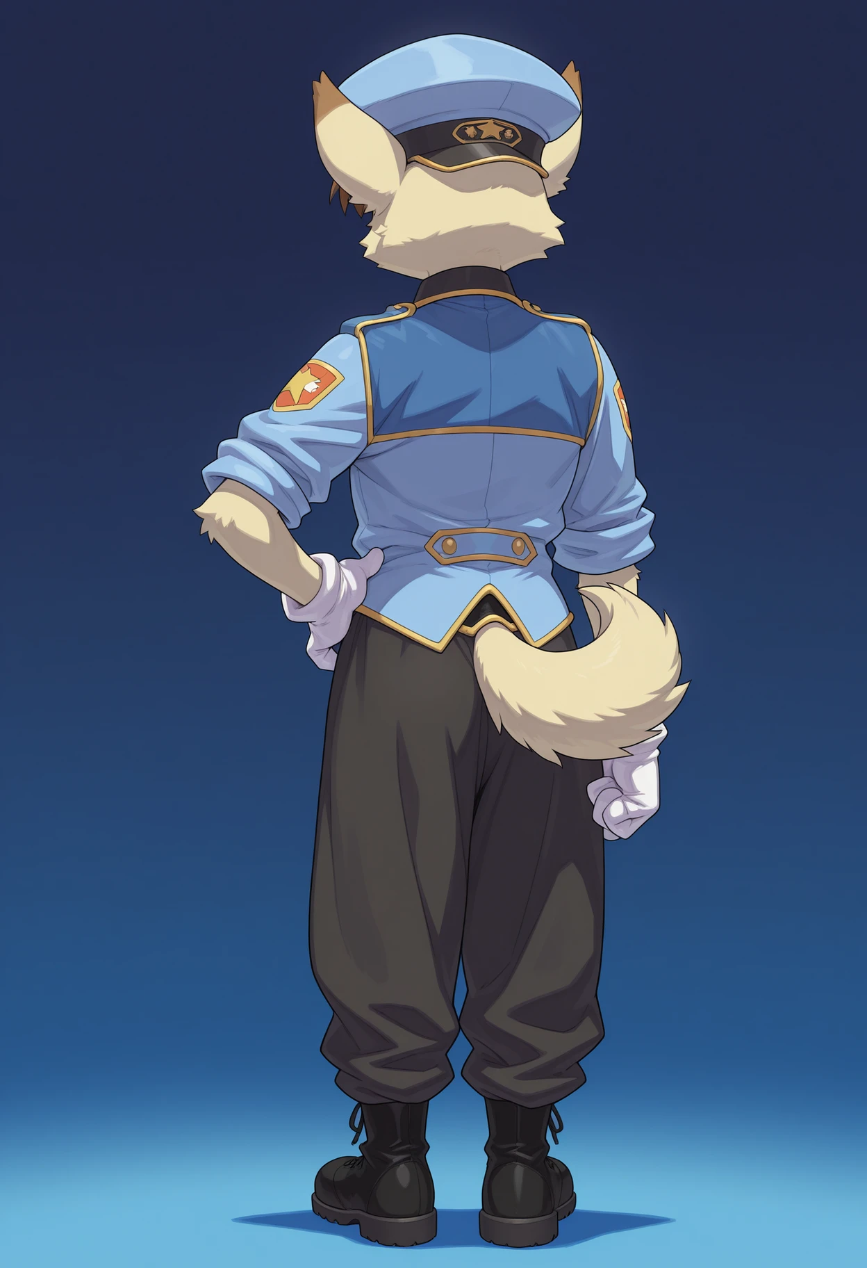 masterpiece, best quality, amazing quality, yuuki nobuteru, waffletc, full body, from behind, from side, 1boy, solo, furry male, dog boy, facing away, animal ears, (brown hair:0.4), tail, body fur, police uniform, police hat, boots, gloves, short sleeves, pants, hand on hip, arm at side, blue background, gradient background