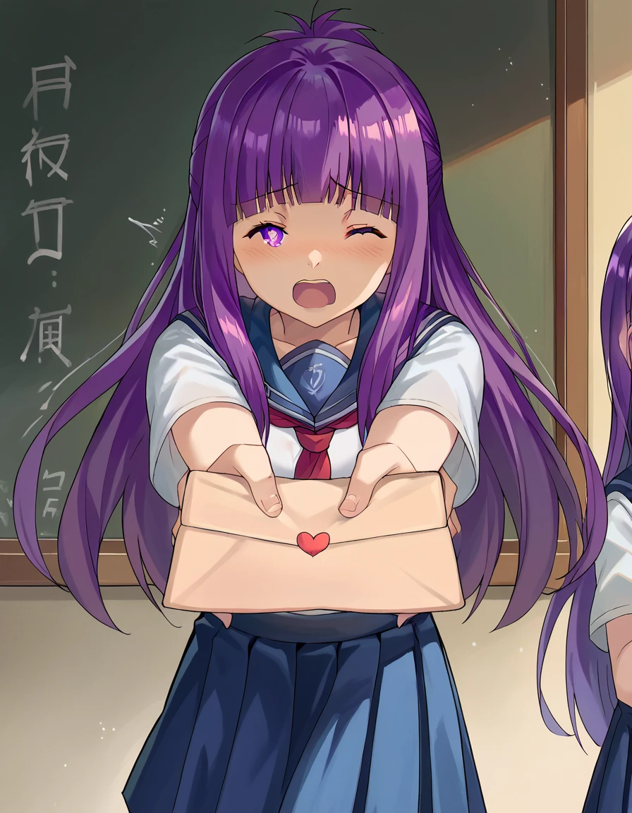 score_9, score_8_up, score_7_up, source_anime, <lora:fern-s1-ponyxl-lora-nochekaiser:1>, fern, long hair, bangs, purple eyes, purple hair, sidelocks, blunt bangs, bright pupils, half updo, large breasts, <lora:love-letter-ponyxl-lora-nochekaiser:1>, love letter, heart, valentine, letter, confession, incoming gift, outstretched arms, closed eyes, shouting, classroom, serafuku, school uniform, white shirt, blue sailor collar, blue skirt, pleated skirt, short sleeves, neckerchief, red neckerchief,