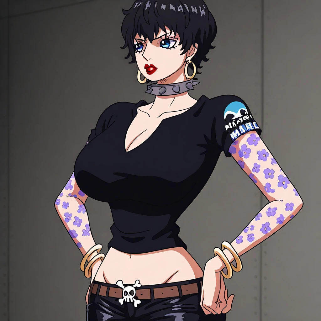 masterpiece, best quality, intricate, absurdres, 1girl, solo, looking at viewer, cowboy shot, <lora:Doll:0.8>, Doll, aqua eyes, black hair, short hair, curly hair, black shirt, high collar, jeans, earrings, spiked choker, large breasts, cleavage, <lora:microwaist_4_z:0.6>, wide hips, black lips, black eyeshadow, black nail polish, lipstick, bored, detailed background, 8k, hdr, (outdoors, cloudy sky, ocean), hands on hips