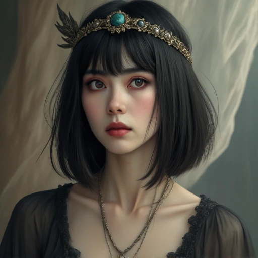 A captivating oriental fallen angel with straight-cut shaggy black hair, jewelled headband, dark eyeshadow, red lips, direct sensual gaze, low cut open blouse with plunging neckline. Soft, ethereal light, abstract background.