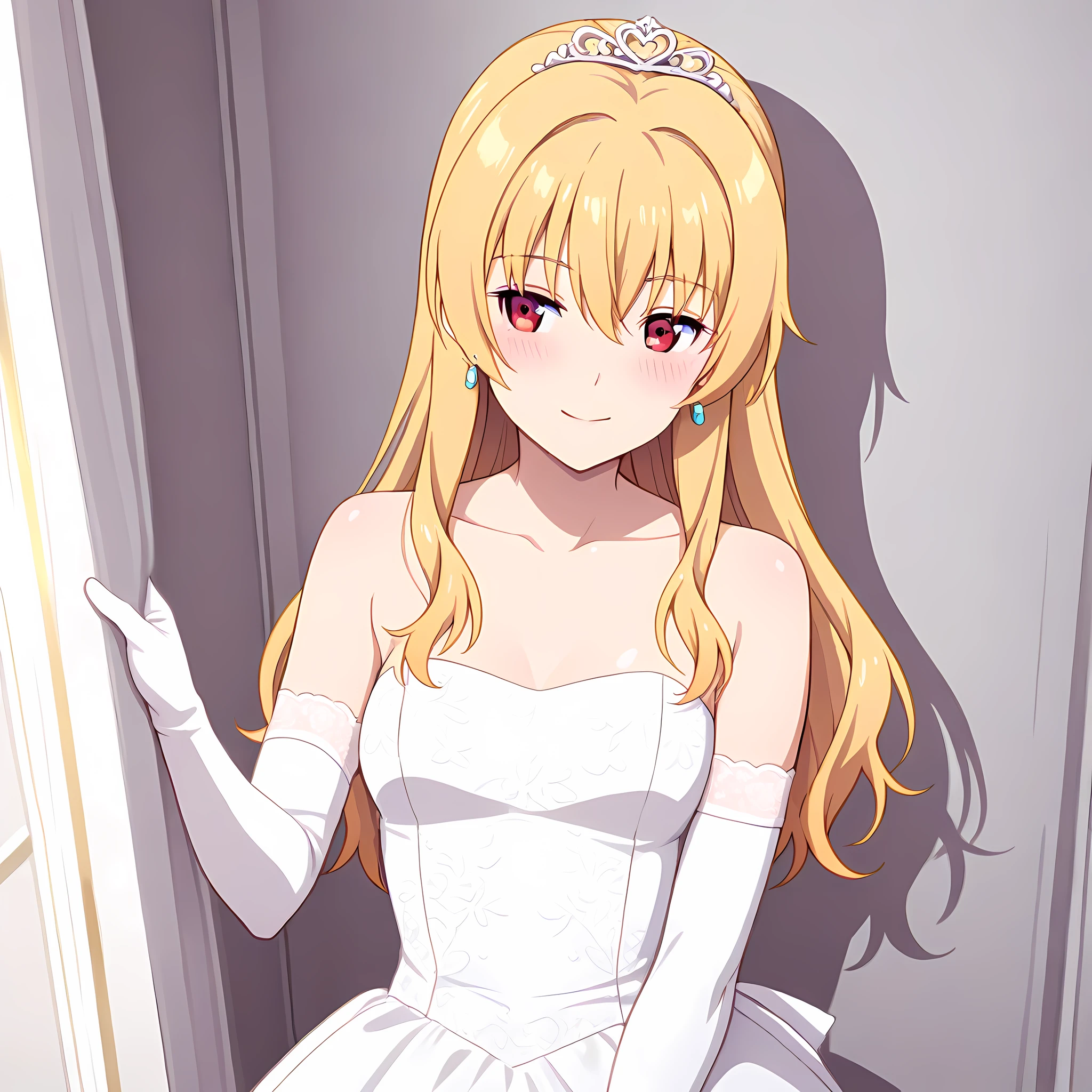 40 year old girl with curly dark yellow hair, yellow eyebrows, green eyes, dark red lipstick, red necklace, white earrings, wedding dress, likes wealth