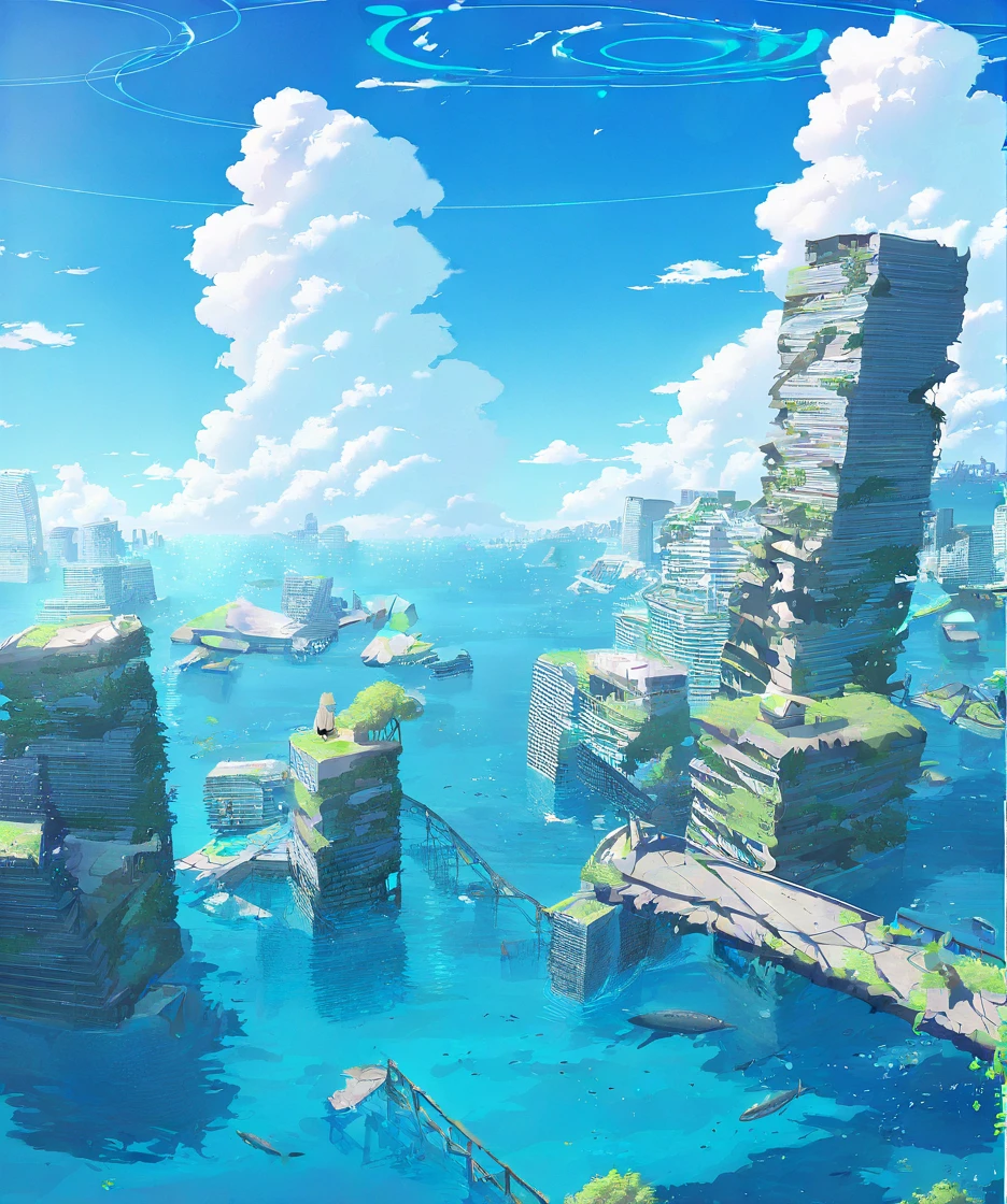 1girl,nonomi \(blue archive\),scenery,building,city,water,cityscape,sky,outdoors,cloud,cloudy sky,bridge,day,ruins,skyscraper,blue sky,ocean,tower,tree,fish,masterpiece, best quality, very aesthetic, absurdres, <lora:Submerged ruins-NAI:0.8>,