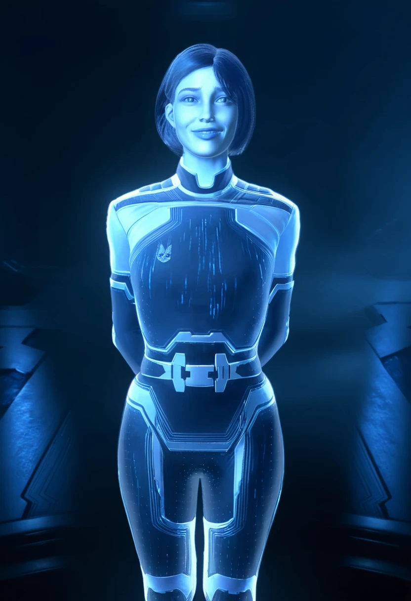 1girl, solo, USTheWeapon, blue skin, holographic girl,
standing, arms behind back, hands behind back,
facing viewer, looking at viewer,
light smile, parted lips,
dark background,
<lora:USTheWeapon:1>,