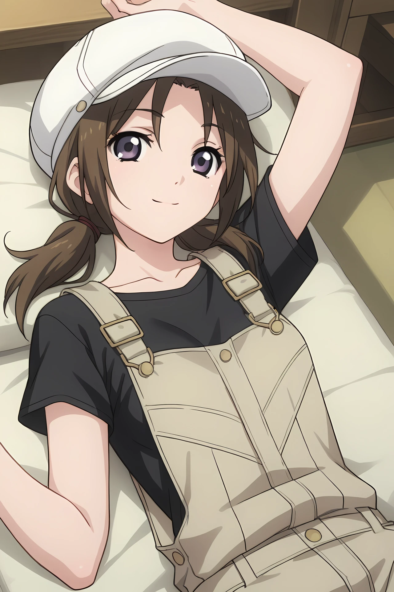 (short overalls black shirt:1.50), cpc-ichika, brown hair, short hair, low twintails, parted bangs, purple eyes,
1girl, solo, skinny, (source_anime, score_9, score_8_up, score_8, score_7_up), score_7, score_6_up, score_6, score_5_up, score_5,
(light smile:1.30),
(indoors:1.10),
(on back:1.40), (feet:1.20),
cabbie hat,
medium breasts
<lora:cpc-ichika-V02-000004:0.60>