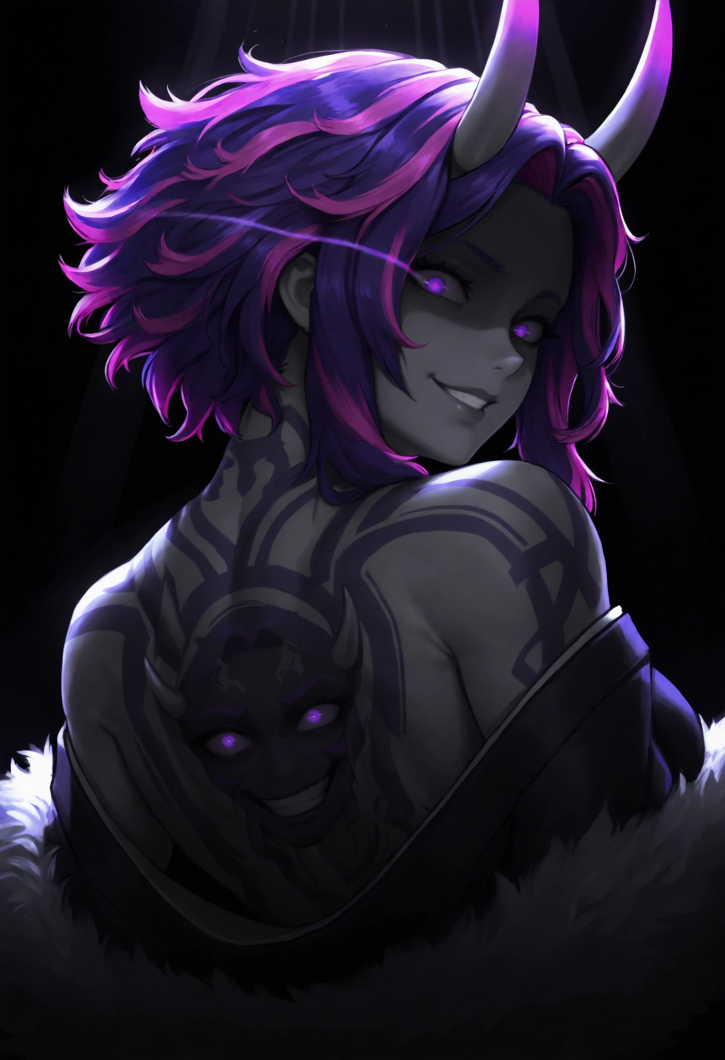 masterpiece, best quality, toned, 1girl
medium hair, two-tone hair, pink hair, purple hair, streaked hair, sidelocks, parted bangs, purple eyes,
very aesthetic, monochrome,spot color,dark theme,dark background,upper body,looking at viewer,kimono,fur trim,off shoulder,lips,eye trail,shaded face,evil grin, crazy eyes,back tattoo, oni, oni horns, oni tattoo,
detailed background, lens flare, reflection, bokeh, sunbeam,
<lora:tstsmkn _idxl_EliPot:1>