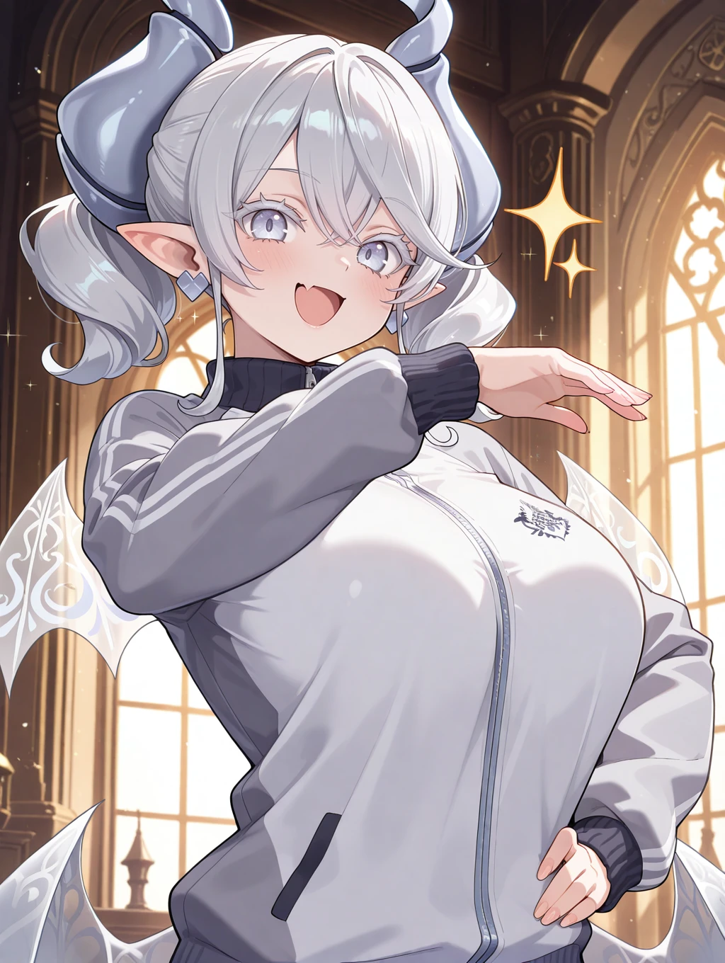 1girl, solo, skin fang, pointy ears, upper body,castle symbol, open mouth, white eyelashes, hand on own hip, large breasts, heart earrings, ojou-sama pose, looking at viewer, smile, blush, grey track jacket, hand on hip, lovely labrynth of the silver castle, demon girl, sparkle, indoors, castle,
masterpiece,best quality,amazing quality,very aesthetic,newest,<lora:Lovely labrynth of the silver castle illuXL v1:0.6>,