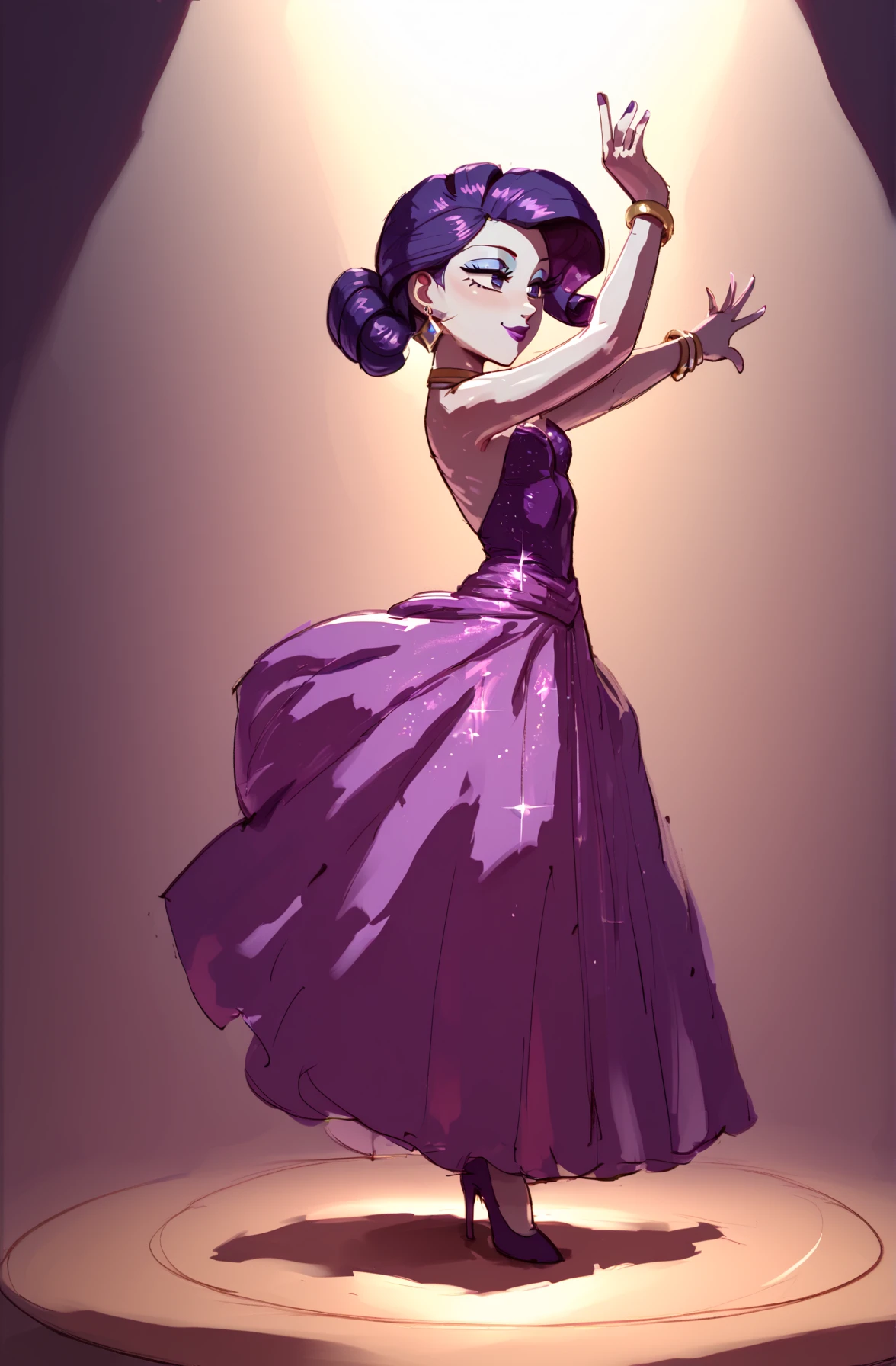 masterpiece, high quality, score_9, score_8_up, 1girl, full body, earrings, ((dancing)), purple lipstick, fancy purple dress, spotlight, ballroom, pears style, [Rarity], cute, petite, (short) ,,      <lora:HandFixer_pdxl_Incrs_v1:0.5>,<lora:ALTXL_pony_0061_8:1>,<lora:Pears_style:0.9>,<lora:Pony_QualityV4.0:1>,<lora:absurdres_quality:1>