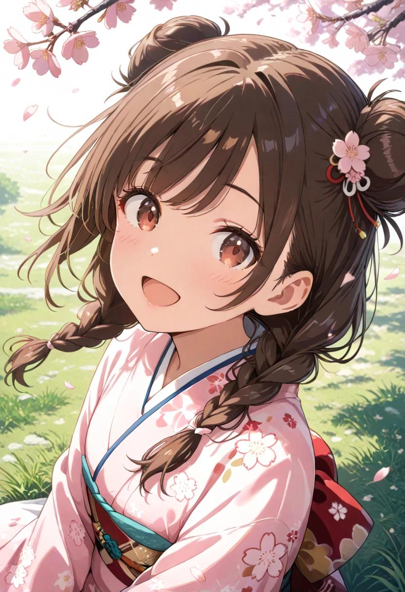 masterpiece, high score, great score, absurdres, safe, anime coloring,
1girl, brown hair, solo, japanese clothes, open mouth, smile, twin braids, blush, kimono, floral print, grass, long hair, :d, looking at viewer, brown eyes, red eyes, petals, pink kimono, outdoors, eyebrows visible through hair, happy, portrait, print kimono, day, eyelashes, shiny hair, shiny, cherry blossoms, pink flower, wind, looking up, from above, floating hair, cherry blossom print, low twintails, swept bangs, on grass, light blush, sidelocks, double bun, sitting, seiza,