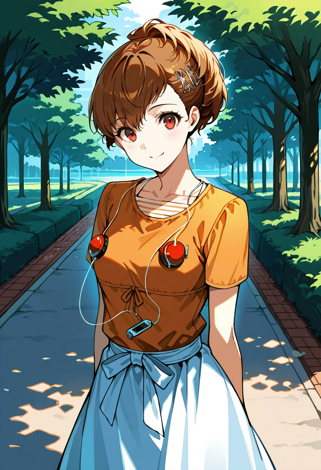 (masterwork, masterpiece, best quality, hyper-detailed :1.1),
1 girl, solo,
p3kotone, ponytail, shiomi kotone, brown hair, short hair, hair ornament, hairclip, headphones, digital media player
p3kotone-sumcas, shirt, orange shirt, short sleeves, skirt, white skirt,
outdoors, park, greenery, looking at viewer, smile, standing, cowboy shot,