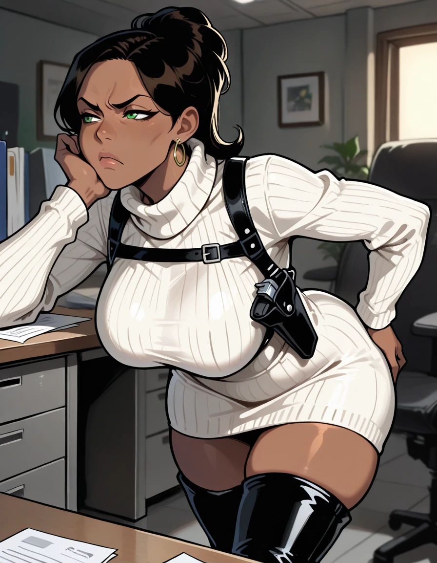 masterpiece, best quality, 1girl, solo, absurdres,
1girl, solo,
lanakane, mature female, large breasts, wide hips, thick thighs,
dark-skinned female, green eyes,
sweater_dress, turtleneck, thigh_boots, shoulder holster,
dim lighting, annoyed,
hunched over, deep in thought, office, from a high angle,
