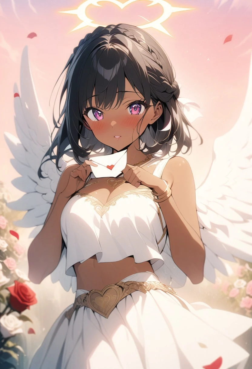 gorgeous lips, cinematic, (masterpiece), (best quality), (ultra-detailed), very aesthetic, illustration, perfect composition, intricate details, absurdres, detailed face, (anime, masterpiece, intricate:1.3), (best quality, hires textures, high detail:1.2)
,pastel colors, soft lighting, 1girl, a anime girl with very long black hair, crown braid, half updo, medium breasts, tan skin, brown skin, golden angel halo, gold bangles, gold heart waist chain, heart shaped neckline, white silk sleeveless crop top, high waisted short white silk skirt, midriff, gold trim dress, ((large:1.2) white angel wings:1.4), cinematic lighting, pink sky, flowers, cupid, happy, blush, hair blowing in the breeze, skirt blowing in the breeze, film grain, hearts, valentines theme, red hearts, falling rose petals, portrait shot, holding love letter, giving to viewer, looking at viewer,
