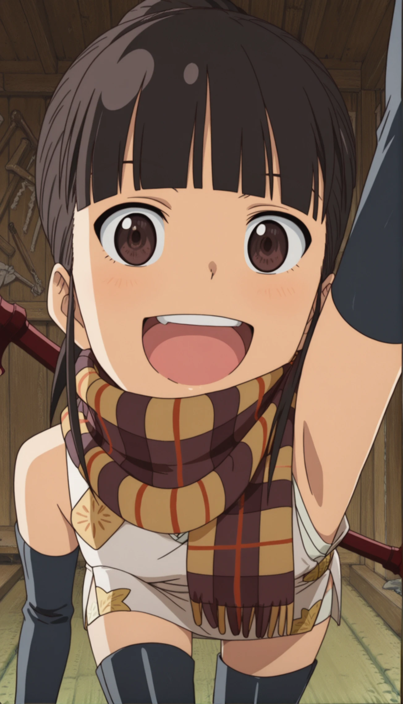 TDD Kishii Nonoko, 1girl, solo, scarf, black hair, brown eyes, ponytail, striped scarf, looking at viewer, sleeveless dress,tiny ponytail,
weapon on back,smile, happy, thigh boots, fingerless long gloves,
cowboy shot, arm up, open mouth,
masterpiece, best quality, amazing quality, very aesthetic, absurdres, newest,anime screencap, anime coloring,
<lora:TDD:0.9> <lora:add-detail-xlå¢å ç»è:1> <lora:2_2D_style:0.75> <lora:Anime_Aesthetic_Wallpaper_Style__IllustriousXL:0.5>
