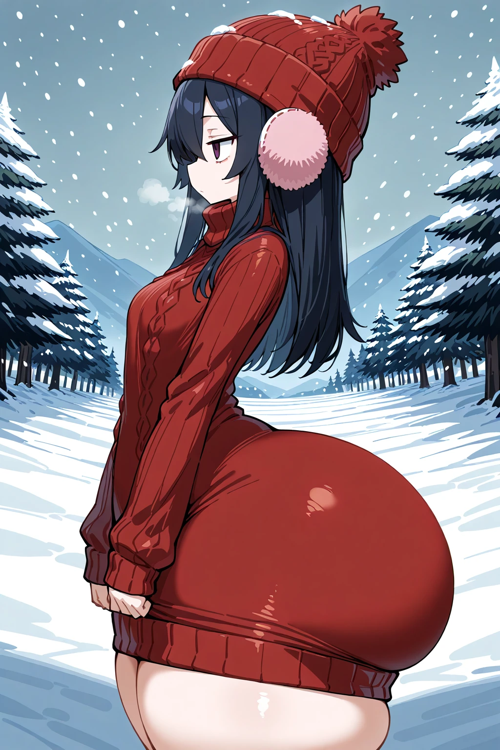 wide hips, 1girl, solo, <lora:Wide Hips Illustrious:0.6>, from side, facing side, beanie, sweater dress, jitome, huge ass, snow, snowing, outdoors, earmuffs, emotionless